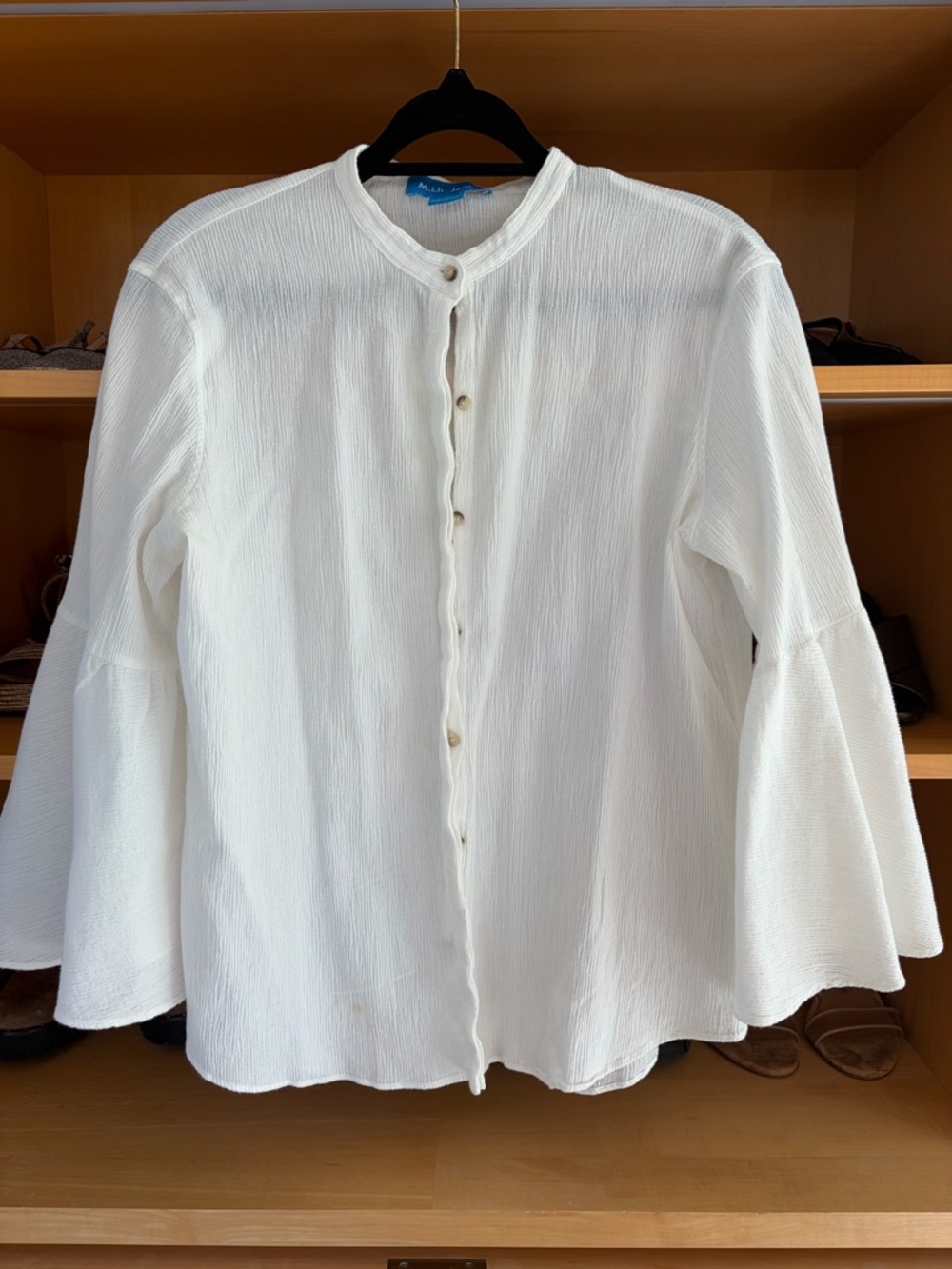 MIH Jeans White Textured Button-Front Blouse with Flared Sleeves